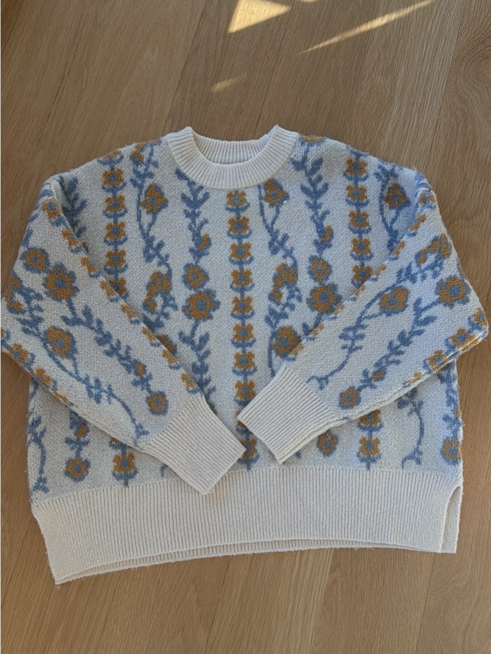 Sincerely Jules Cream Crewneck Sweater with Blue and Mustard Floral Jacquard